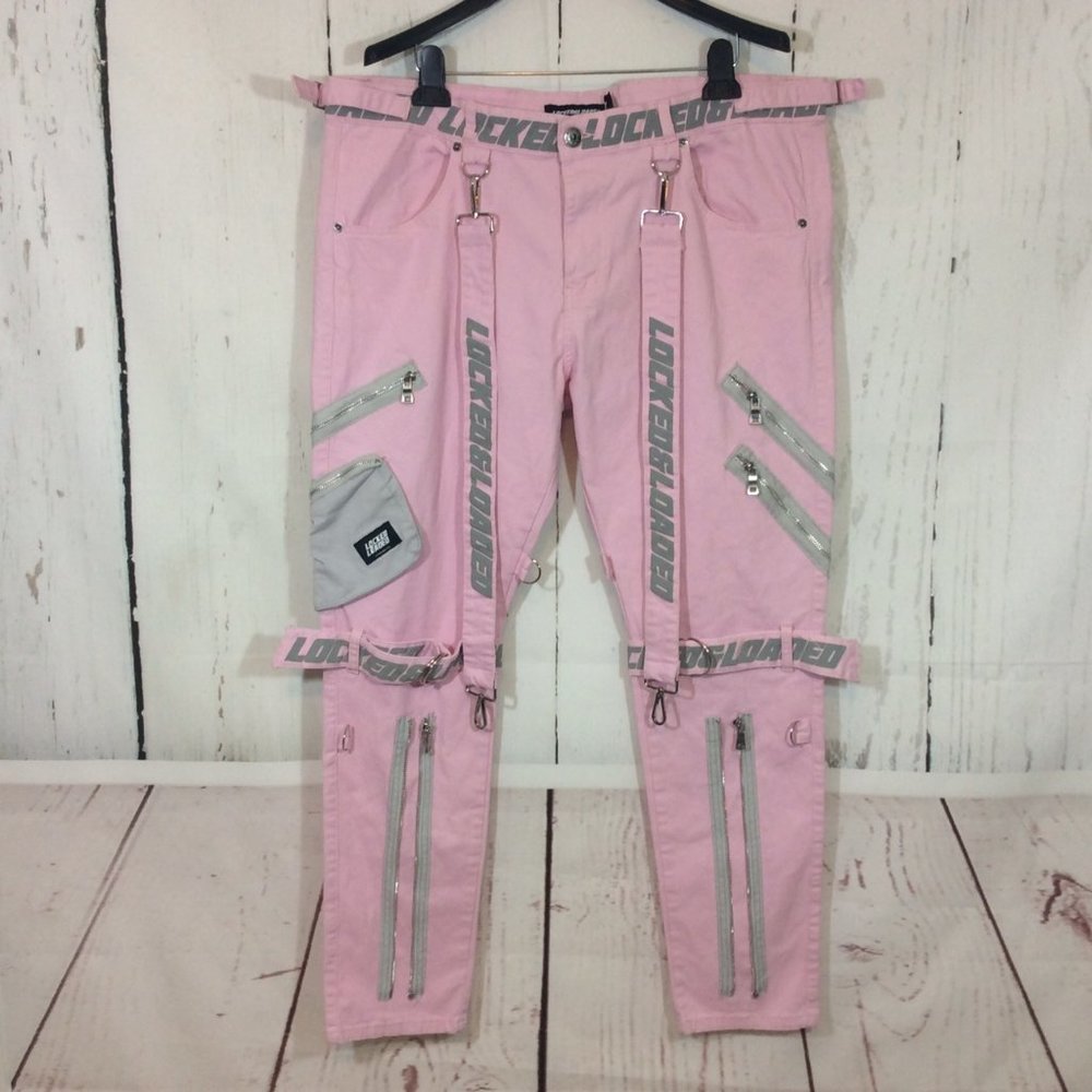 Locked and Loaded Streetwear Men's Pink Jeans 42x32 Straps Zippers Cargo Hip Hop
